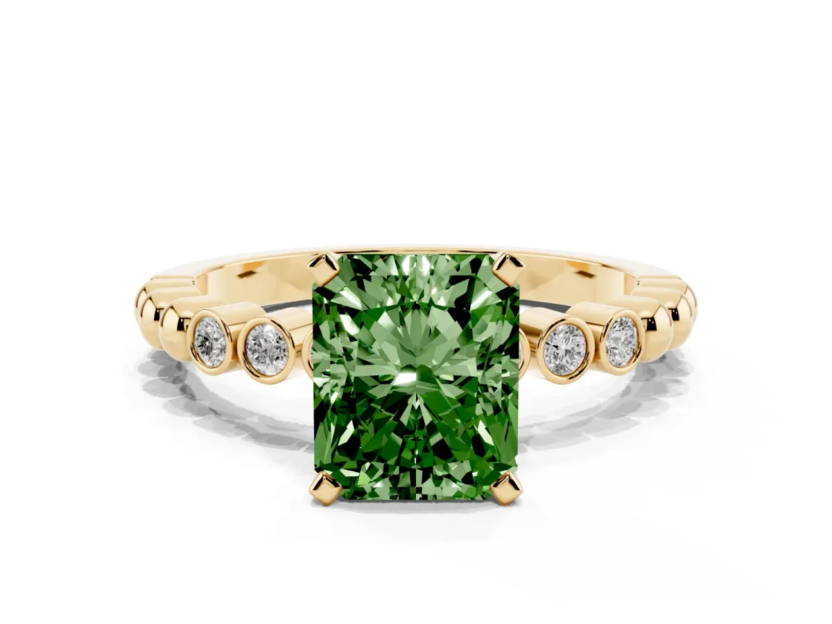 Fancy Green Radiant Cut Solitaire Bezel Accent Diamond Engagement Ring with Beaded Band and Four-Prong Setting Yellow gold