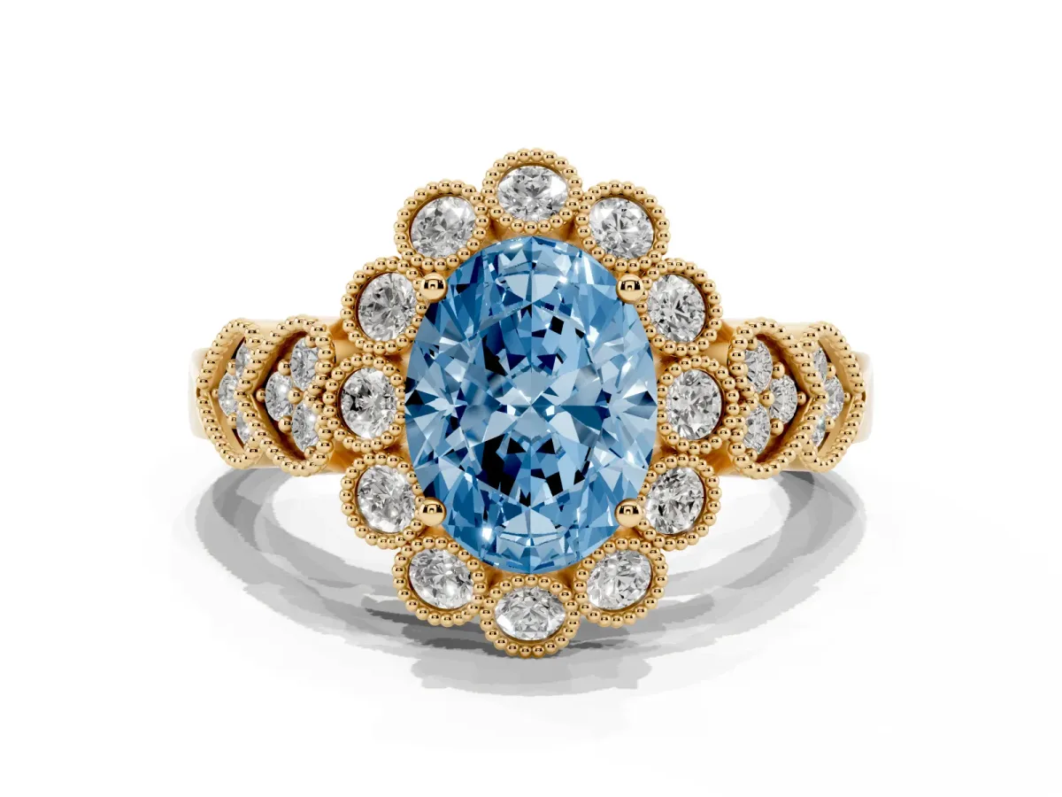 Fancy Blue Oval Cut Brilliant Milgrain Pave Heart Band Solitaire Ring Yellow gold