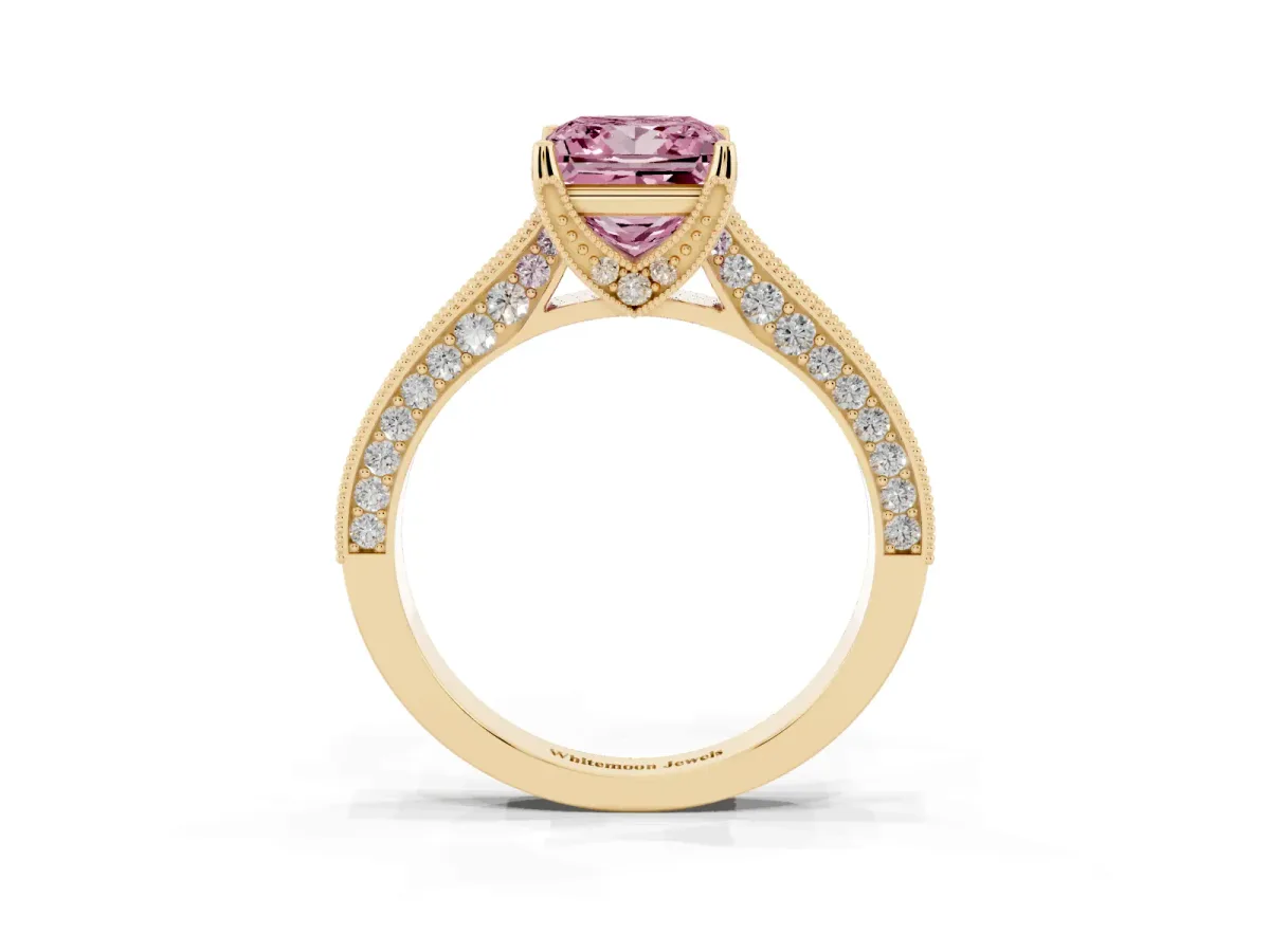 Fancy Pink Princess Cut Cut Diamond Solitaire Ring with Milgrain Pave Band and Four Prong Setting Yellow gold