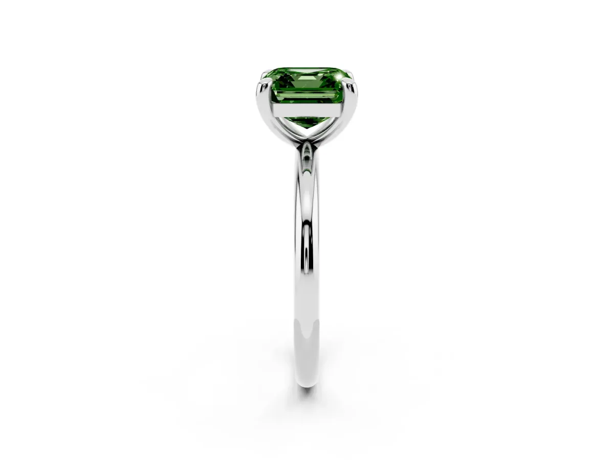 Fancy Green Asscher Cut Solitaire Diamond Ring with Four-Prong Setting on a Plain Band Platinum