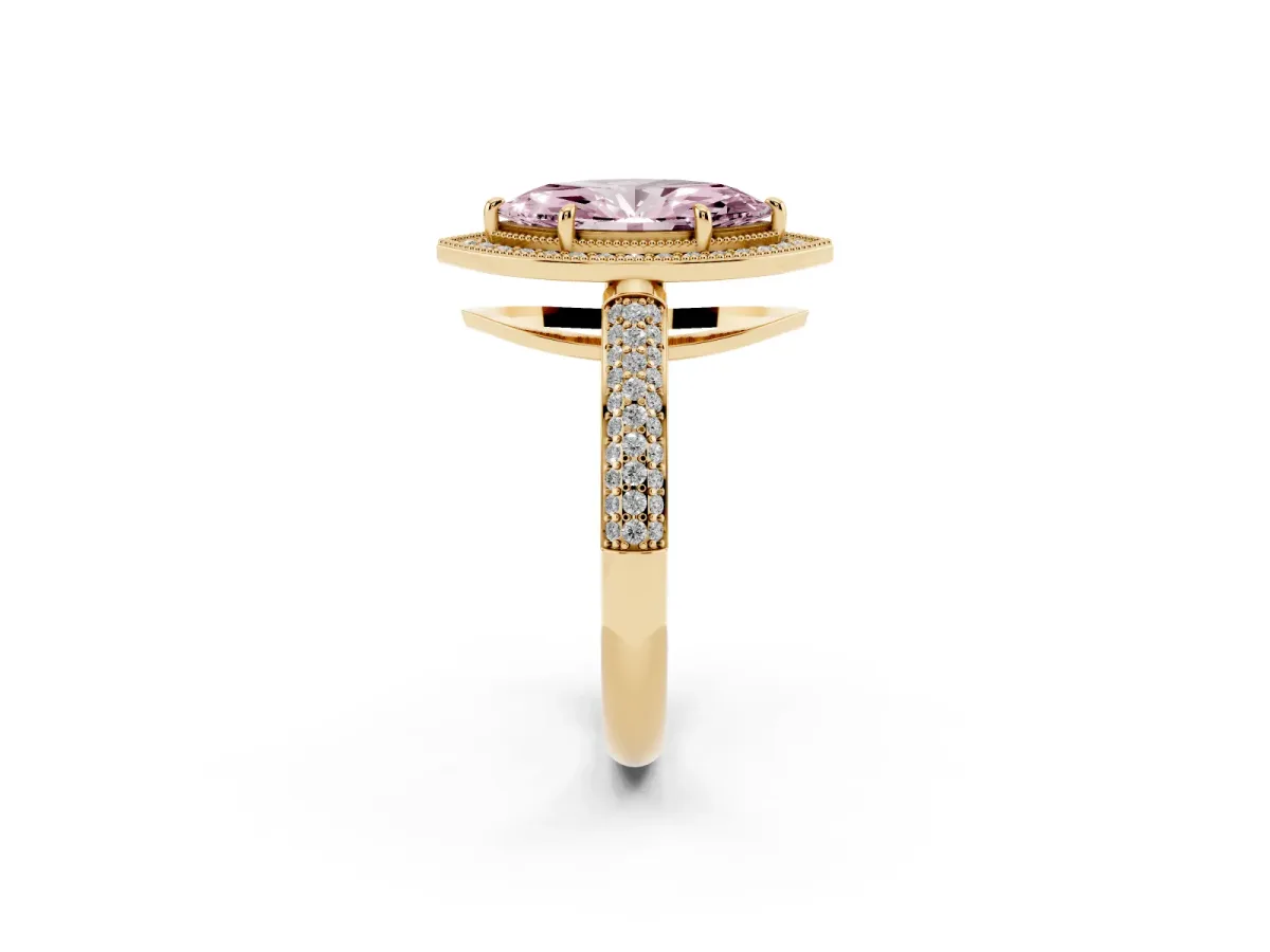 Fancy Pink Marquise Cut Cut Halo Diamond Pave Band with Four-Prong Setting Yellow gold
