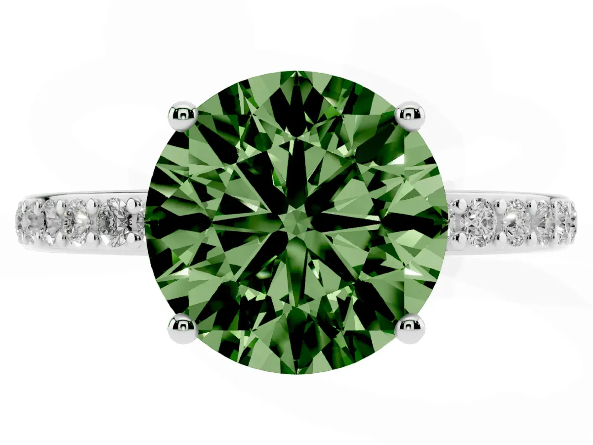 Fancy Green Round Cut Cut Diamond Pavé Band Ring with Four-Prong Setting Platinum