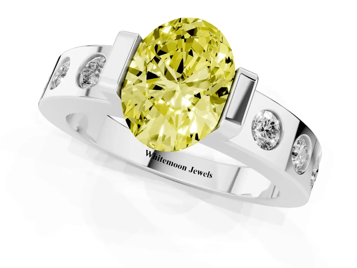 Fancy Yellow Oval Cut Brilliant Channel-Set Diamond Ring with Bezel Prong Setting Silver
