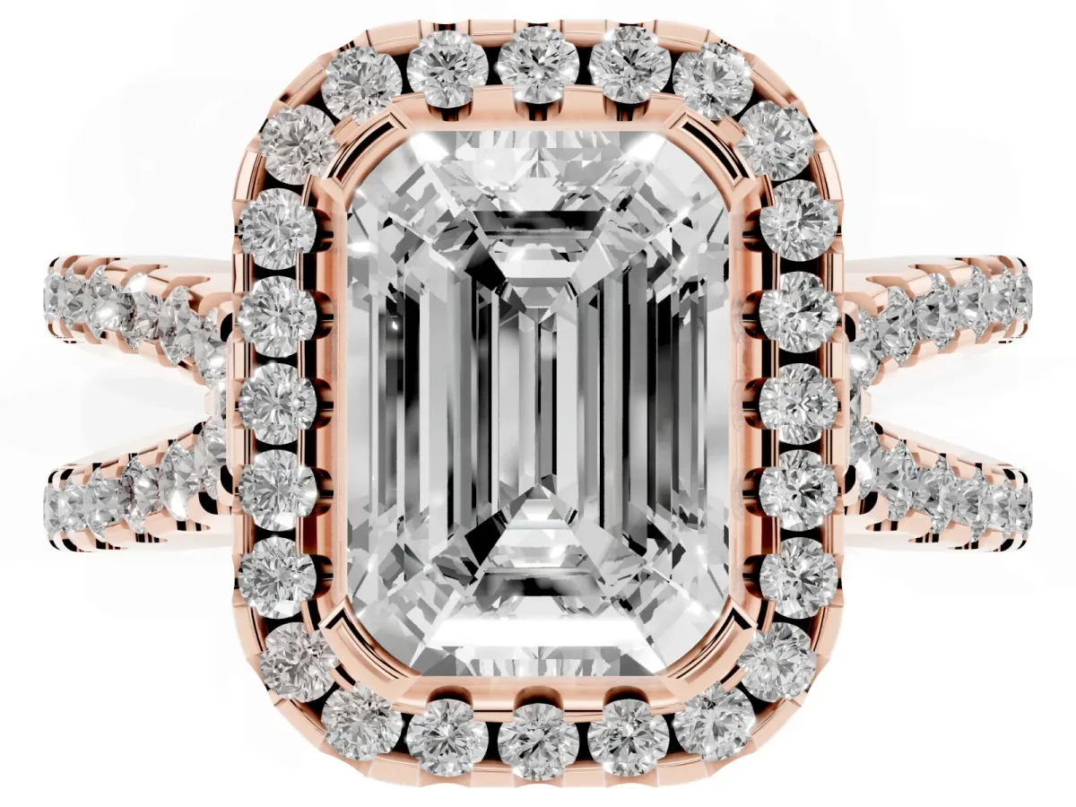 Emerald Cut Diamond Halo Ring with Split Shank Pavé Band and Prong Setting Rose gold