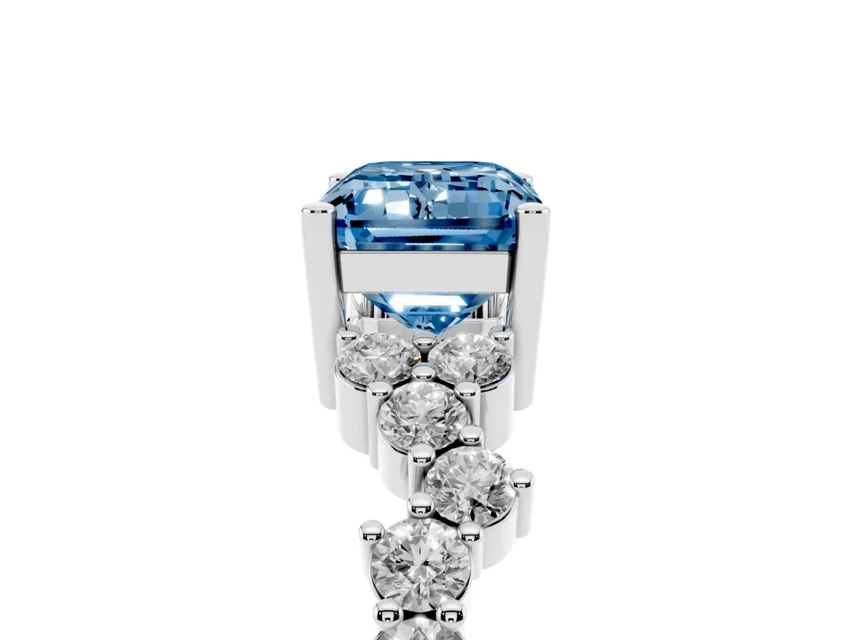 Fancy Blue Emerald Cut Diamond Scattered Round Accent Ring with Prong Setting Silver
