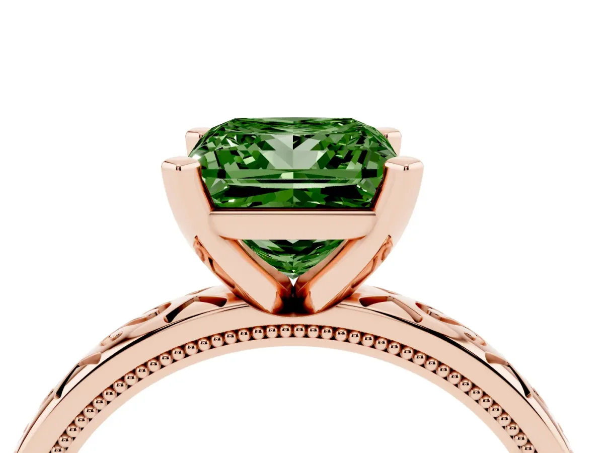 Fancy Green Princess Cut Solitaire Engagement Ring with Scrollwork Band and Four-Prong Setting Rose gold