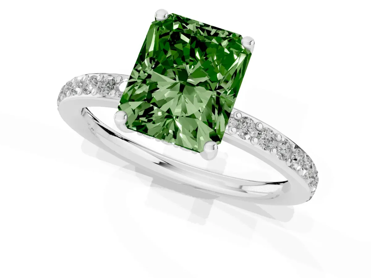 Fancy Green Radiant Cut Cut Diamond Pavé Band Ring with Four-Prong Setting Silver