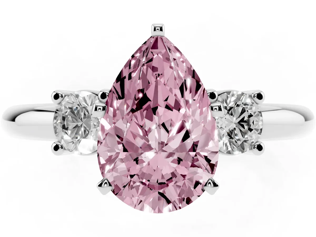 Fancy Pink Three-Stone Pear Cut Cut Diamond Solitaire with Prong Setting and Classic Band Silver