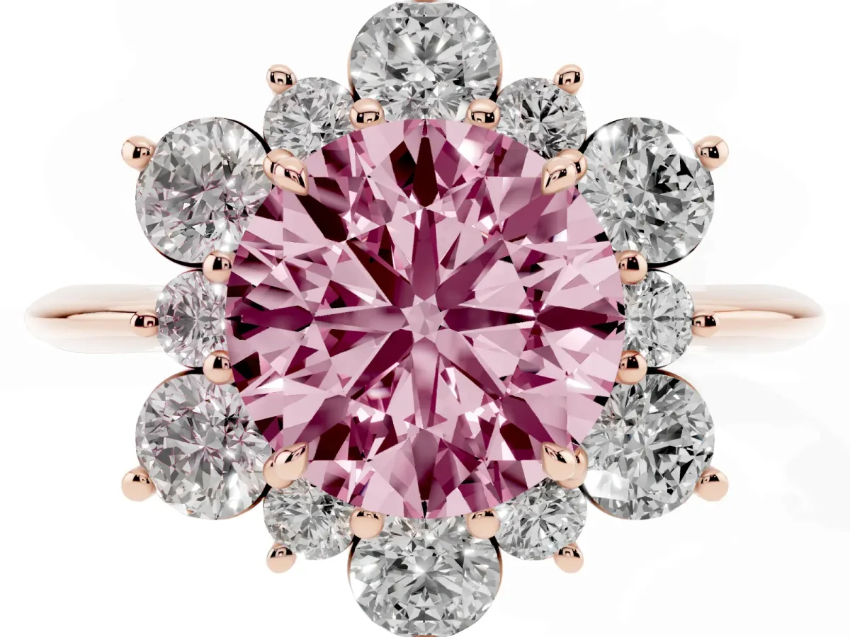 Fancy Pink Round Cut Diamond Cluster Halo Ring with Solitaire Band and Four-Prong Setting Rose gold
