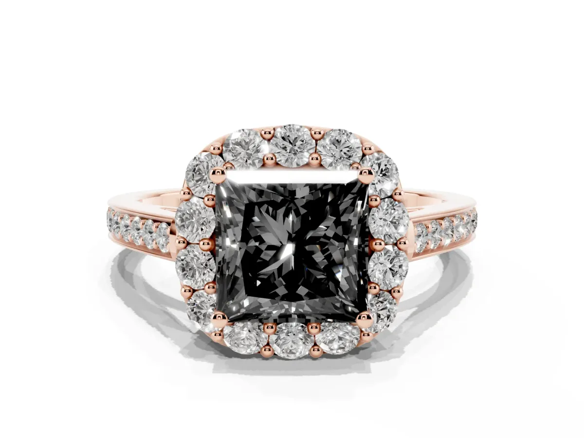 Fancy Black Princess Cut Diamond Floral Halo Ring with Pavé Band and Prong Setting Rose gold