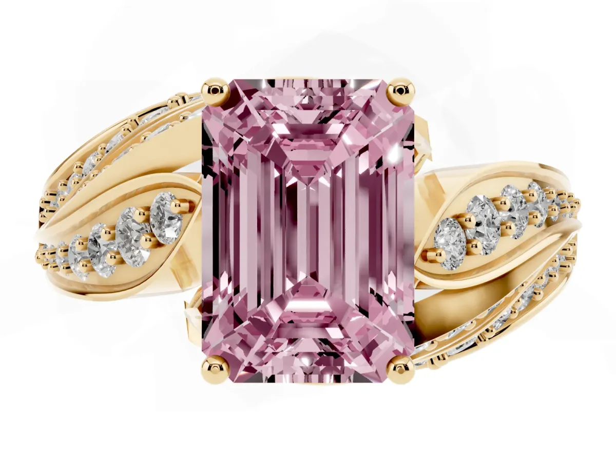 Fancy Pink Emerald Cut Diamond Solitaire Ring with Prong Setting and Twisted Pavé Band Yellow gold