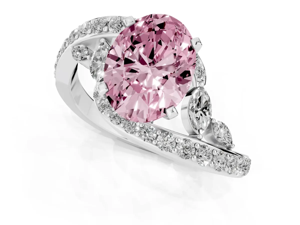 Fancy Pink Oval Cut Solitaire with Pavé Twist Band and Four-Prong Setting Platinum