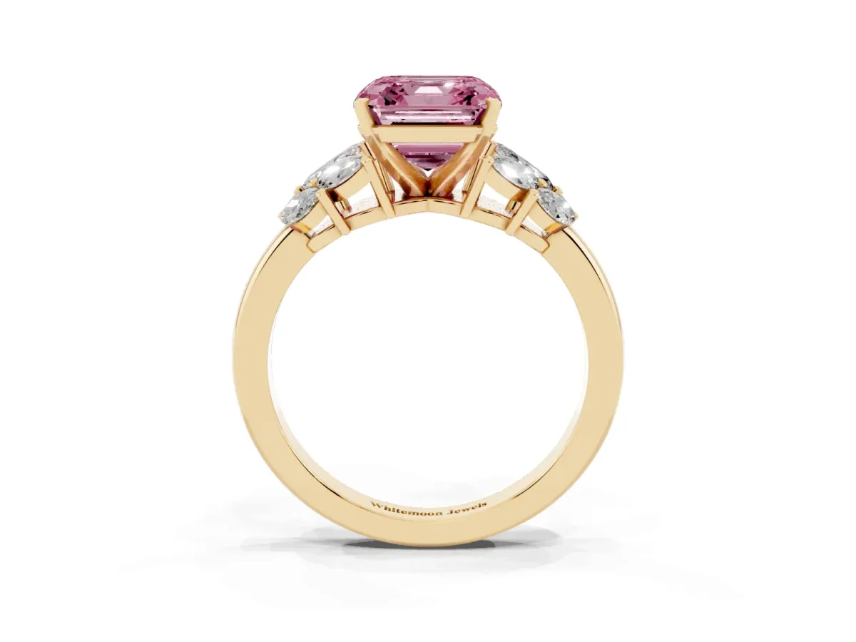 Fancy Pink Asscher Cut Diamond Cluster Leaf Design Ring with Prong Setting Yellow gold