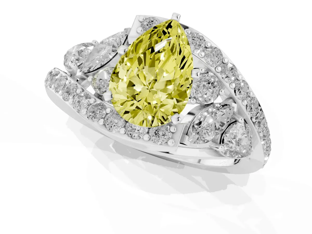 Fancy Yellow Pear Cut Diamond Halo Ring with Marquise and Pavé Band in Prong Setting Platinum