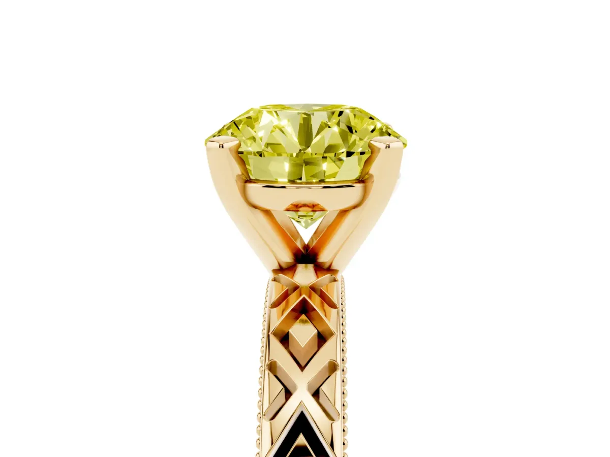 Fancy Yellow Round Cut Solitaire Diamond Ring with Milgrain and Black Enamel X Pattern Band Yellow gold