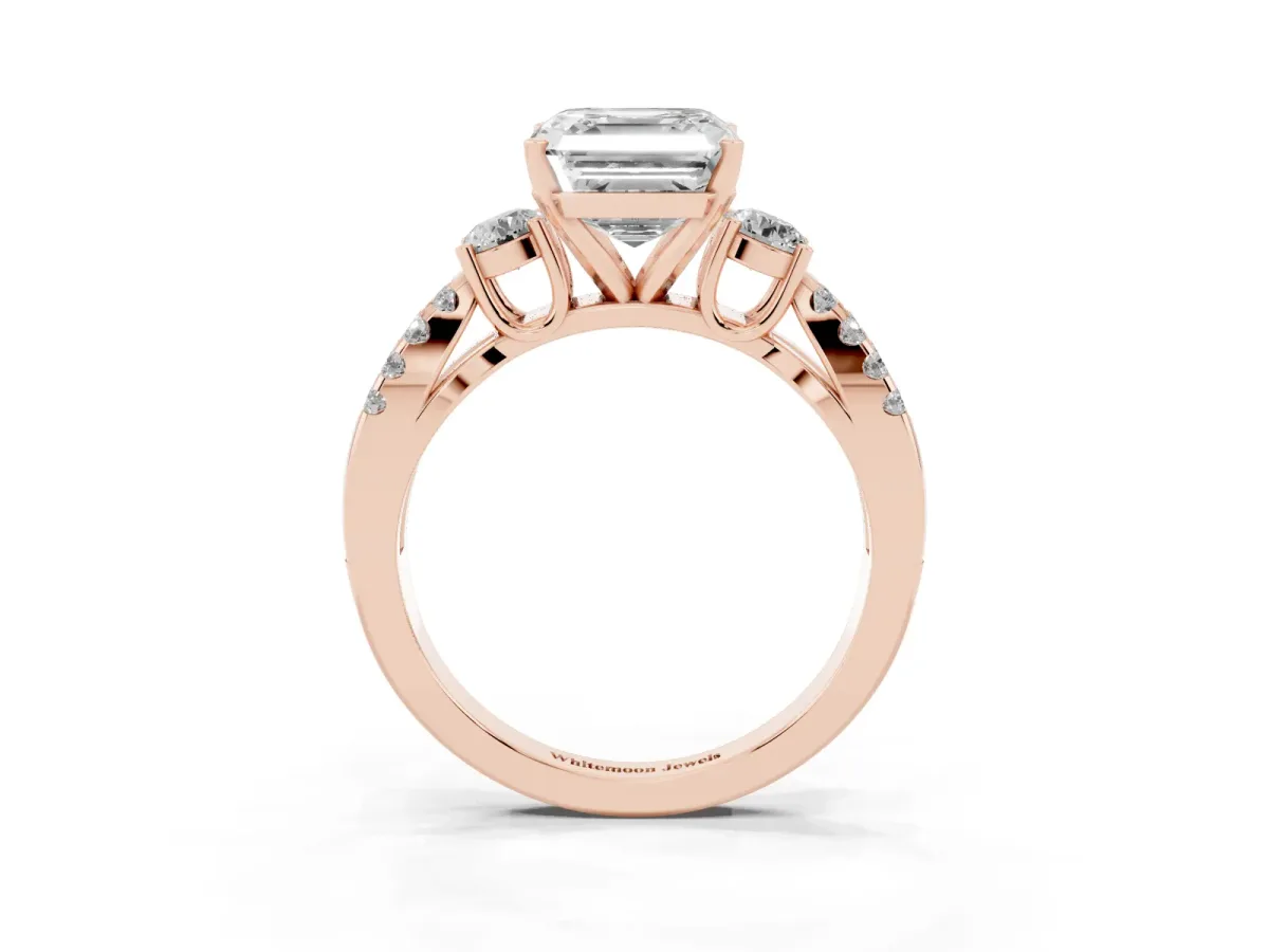 Asscher Cut Diamond Three-Stone Ring with Pavé Split Shank and Four-Prong Setting Rose gold