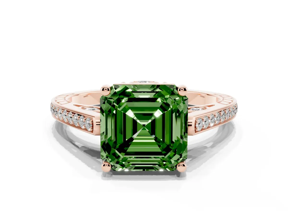 Fancy Green Asscher Cut Cut Cathedral Pave Diamond Engagement Ring with Six-Prong Setting Rose gold