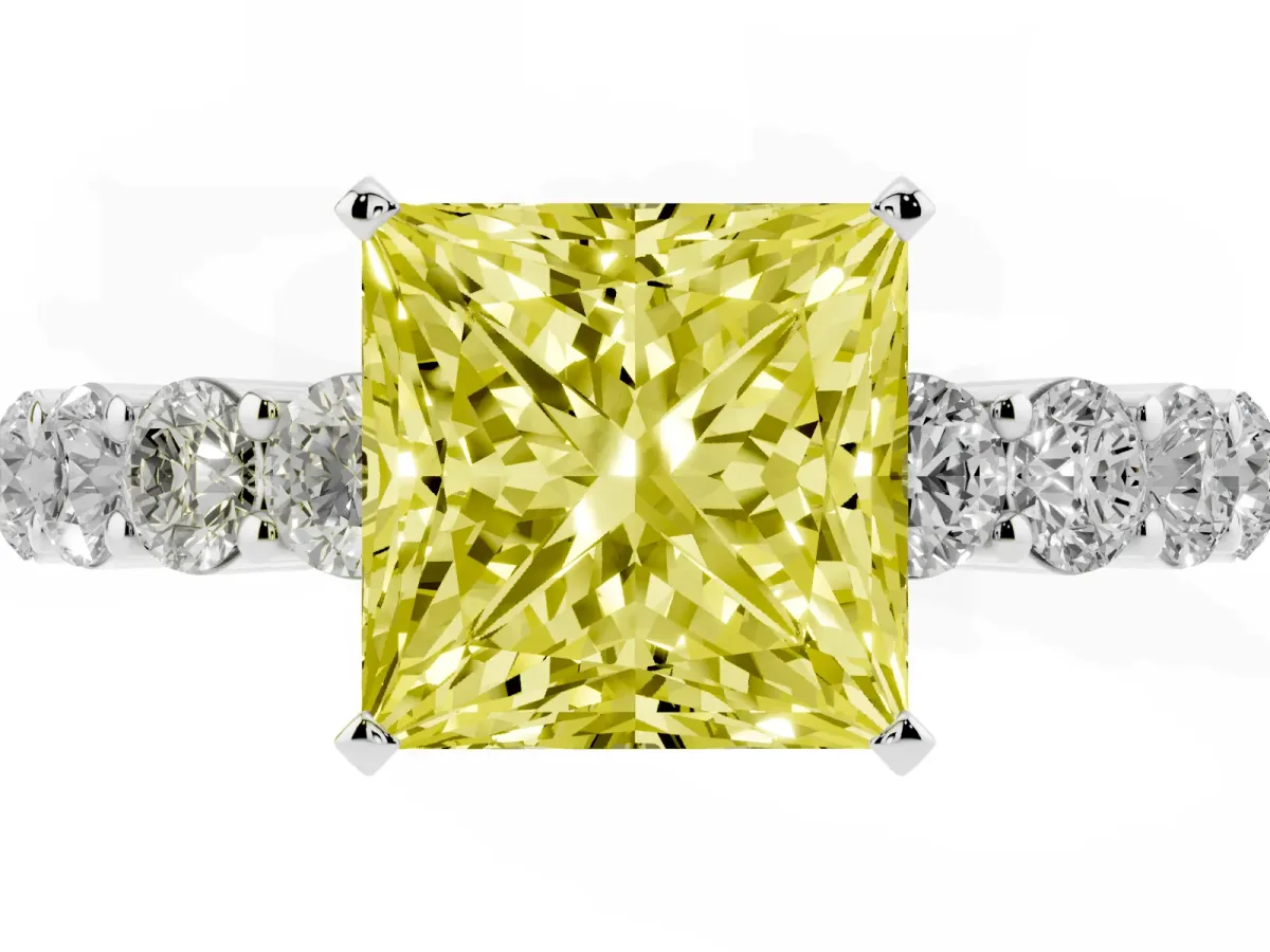 Fancy Yellow Princess Cut Diamond Solitaire Ring with Shared Prong Round Side Stones Platinum