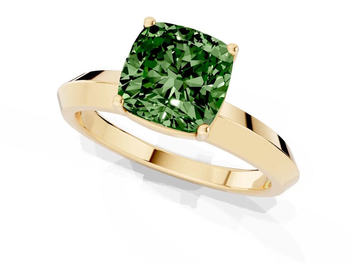 Fancy Green Cushion Cut Cut Solitaire Engagement Ring with Flat Band and Four-Prong Setting Yellow gold