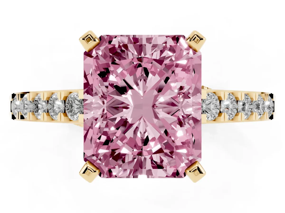 Fancy Pink Radiant Cut Diamond Solitaire Ring with Crossover Gallery and Round Pavé Band Yellow gold