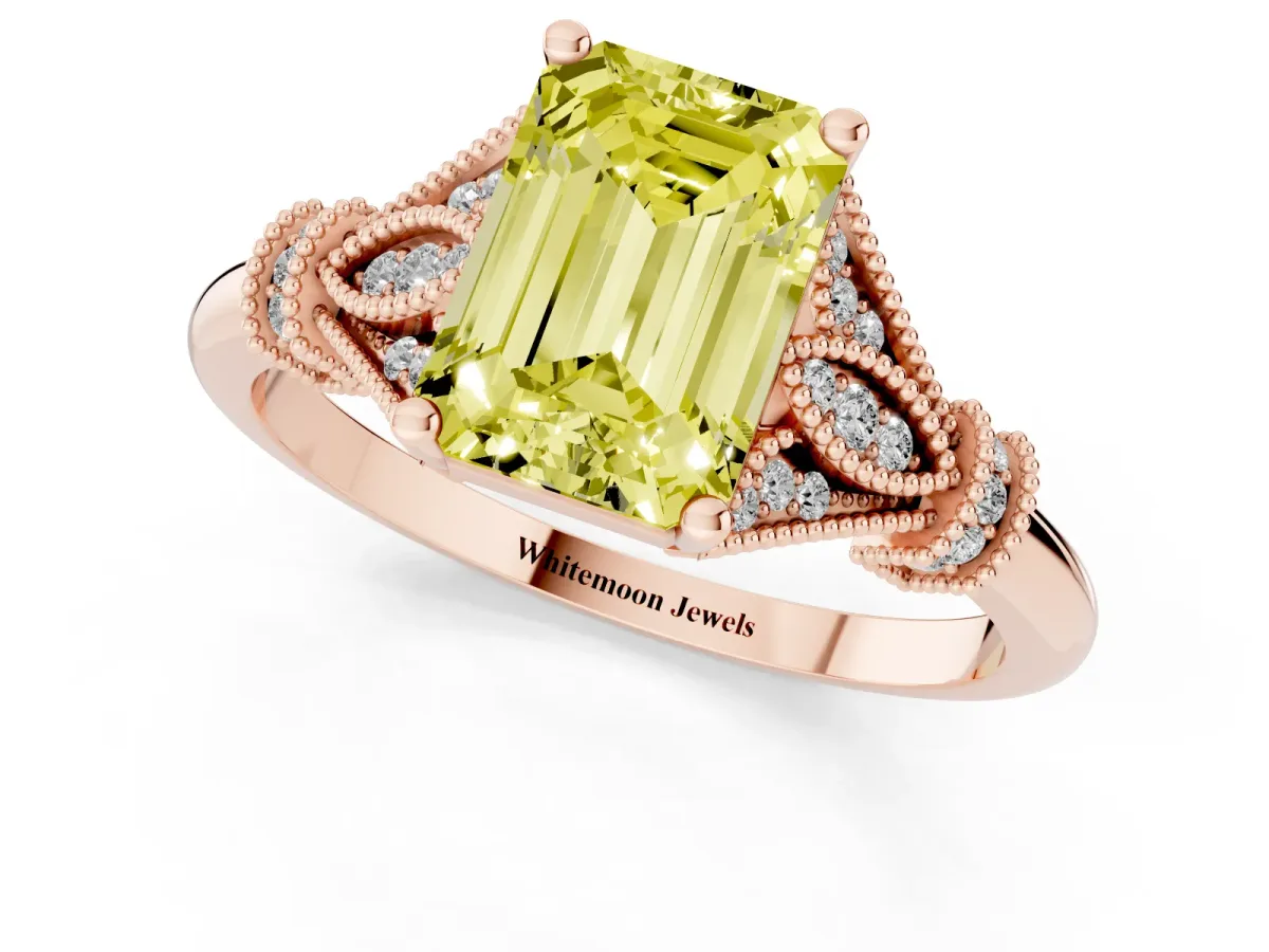 Fancy Yellow Emerald Cut Diamond Solitaire Ring with Floral Filigree and Pave Accents Rose gold