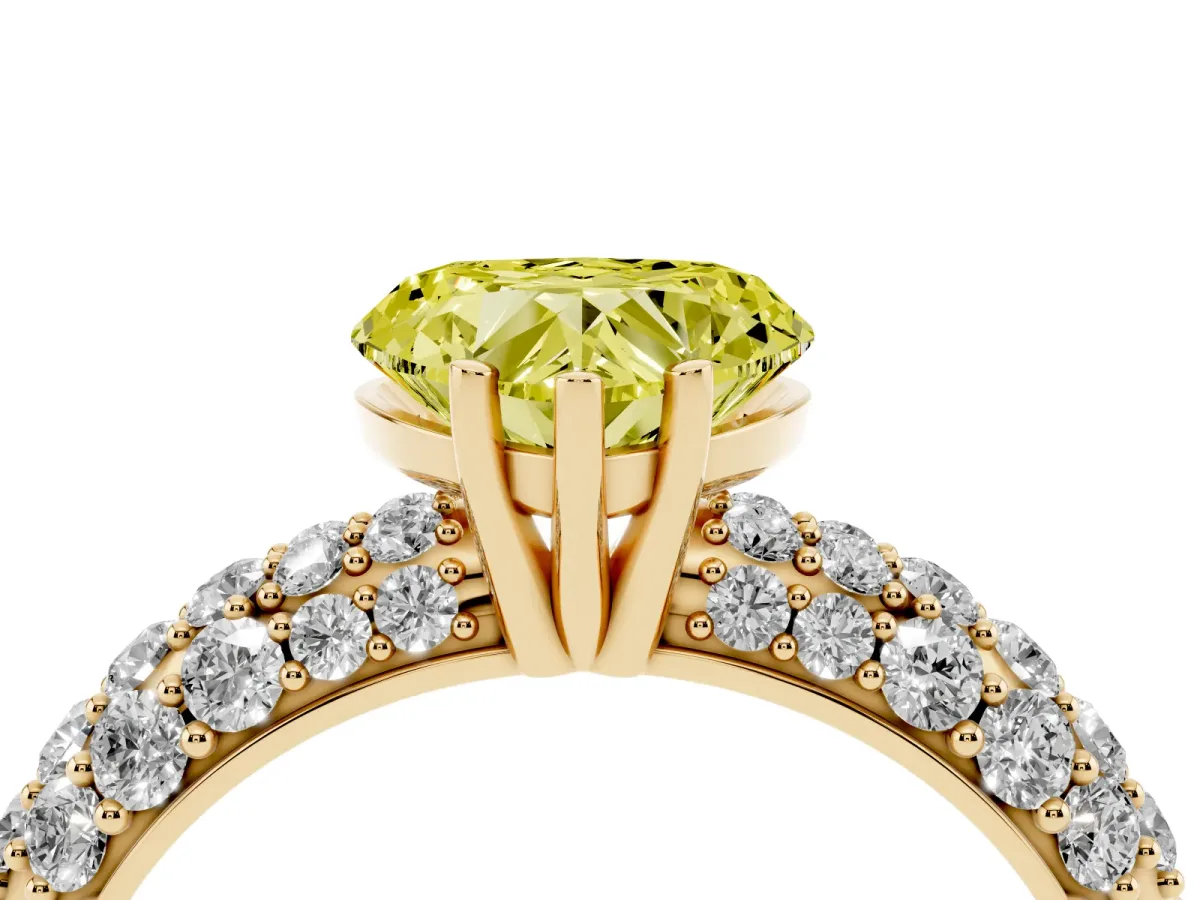 Fancy Yellow Heart Cut Diamond Pavé Band Solitaire Ring with Four-Prong Setting Yellow gold