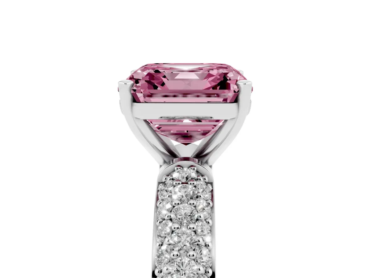 Fancy Pink Asscher Cut Diamond Solitaire Ring with Prong Setting and Pavé Band Silver