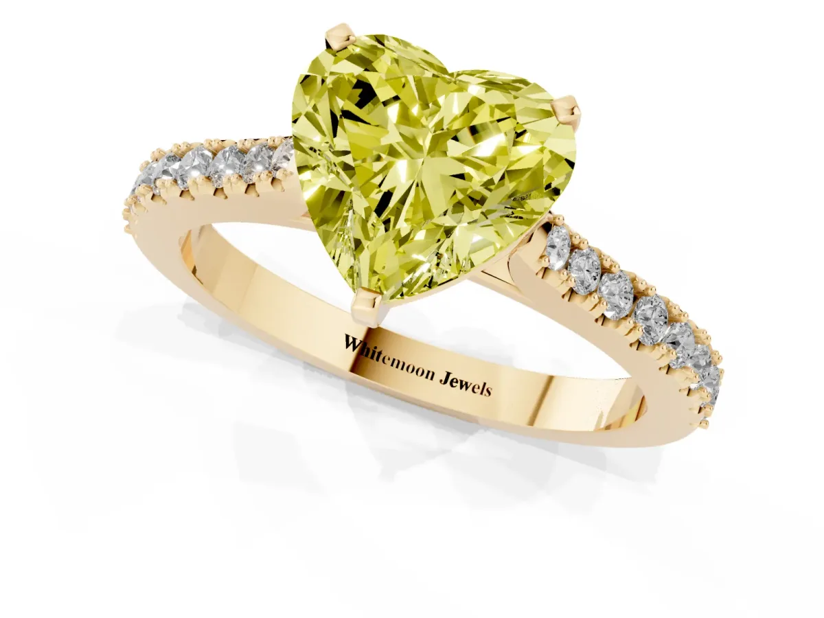 Fancy Yellow Heart Cut Cut Solitaire Diamond Engagement Ring with Pave Band and Four-Prong Setting Yellow gold