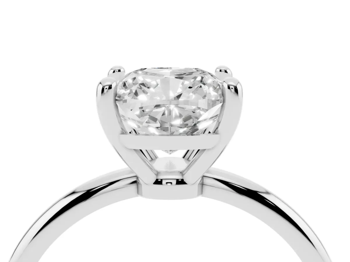 Cushion Cut Solitaire Diamond Ring with 4-Prong Setting on a Classic Band Silver