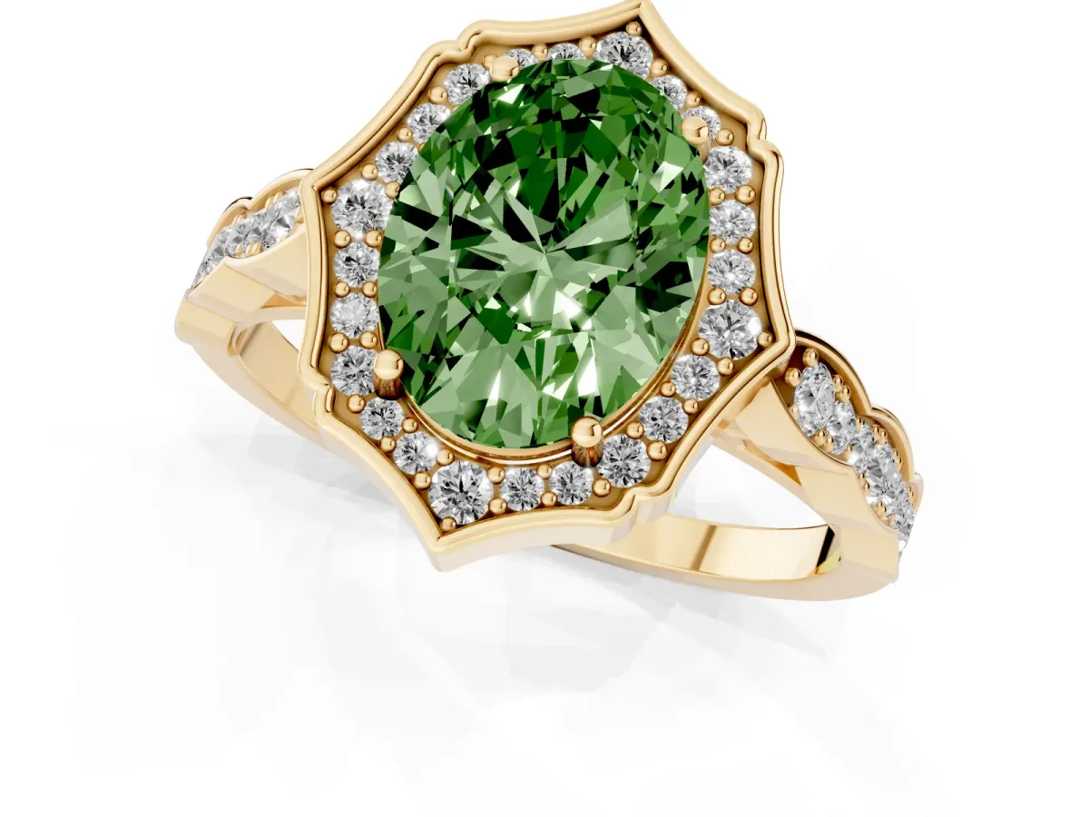 Fancy Green Oval Cut Halo Diamond Engagement Ring with Milgrain Band and Four-Prong Setting Yellow gold