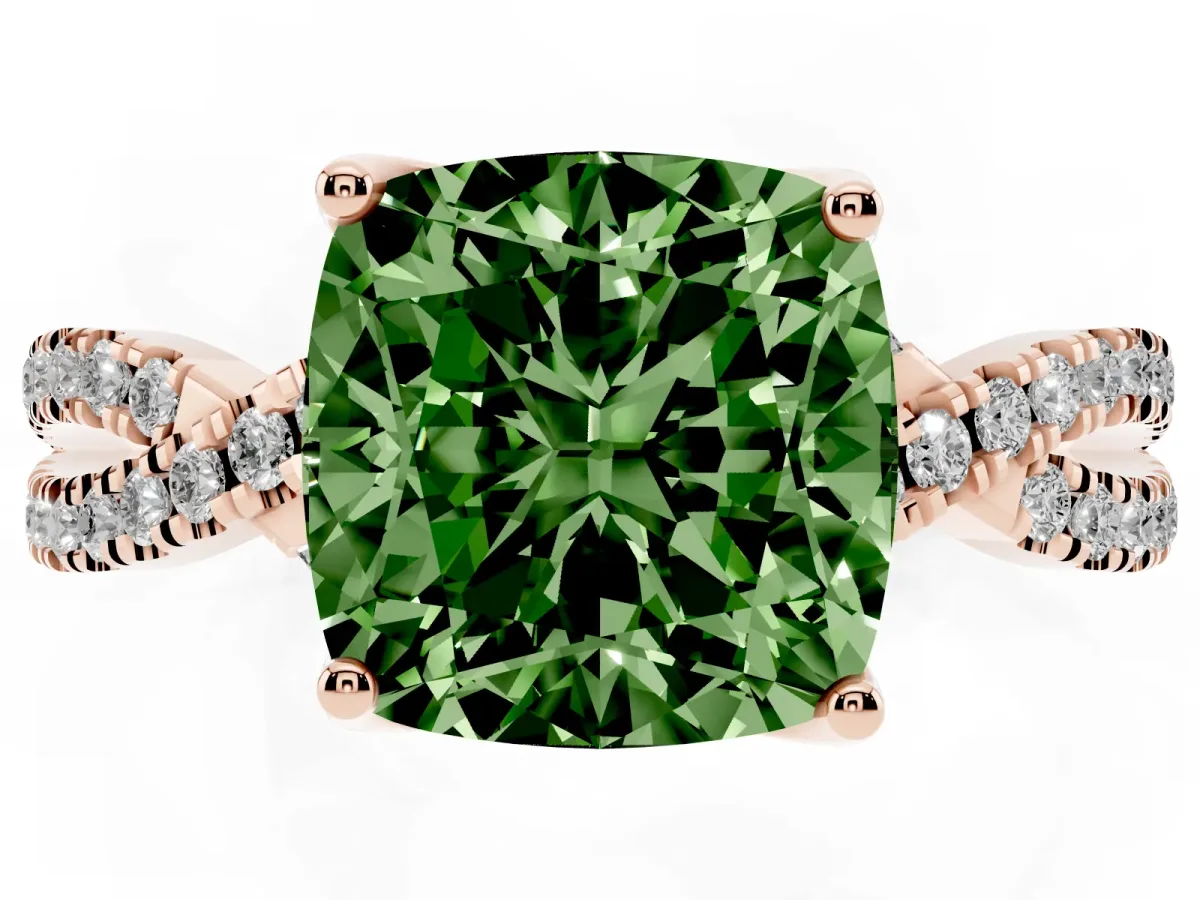 Fancy Green Cushion Cut Solitaire Twist Pave Diamond Engagement Ring with Prong Setting Rose gold