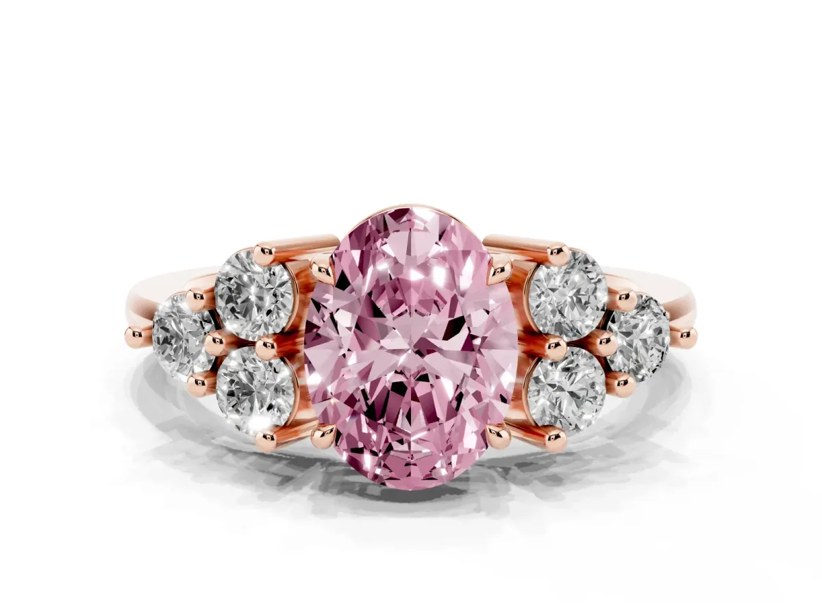 Fancy Pink Oval Cut Brilliant Diamond Cluster Accent Solitaire Ring with Prong Setting Rose gold