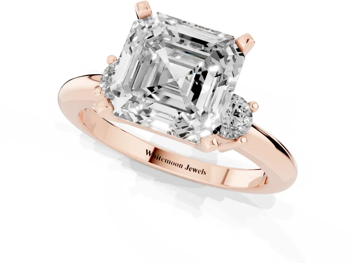 Three-Stone Asscher Cut Cut Diamond Solitaire with Prong Setting and Classic Band Rose gold