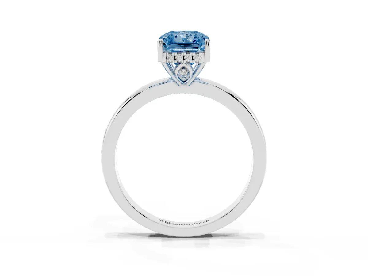 Fancy Blue Radiant Cut Solitaire Diamond Ring with Prong Setting and Plain Band Platinum