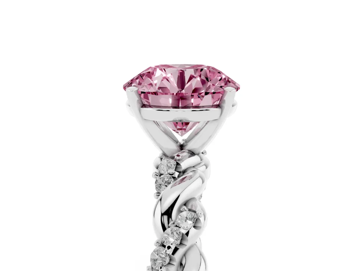 Fancy Pink Round Cut Diamond Solitaire Ring with Twisted Band and Pavé Accents White gold
