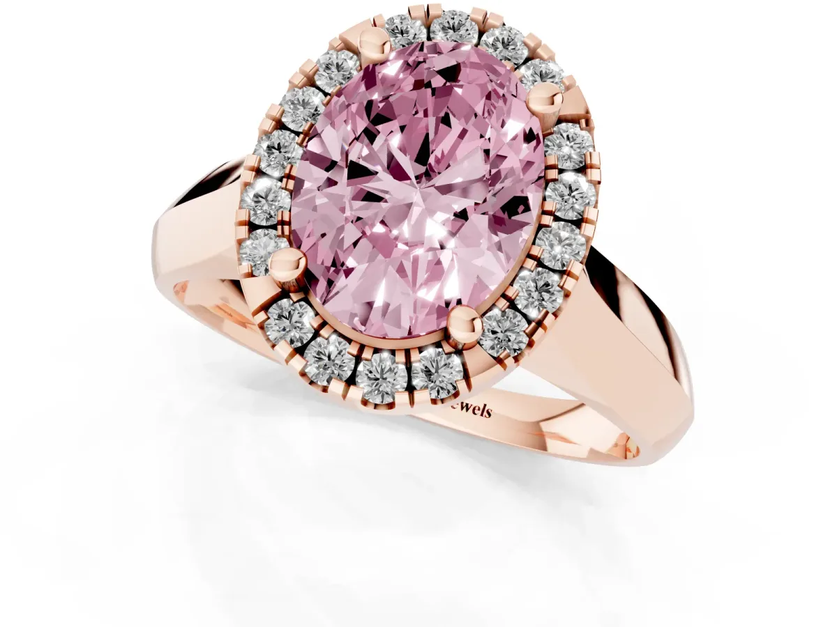 Fancy Pink Oval Cut Cut Halo Solitaire Engagement Ring with Square Band and Four-Prong Setting Rose gold