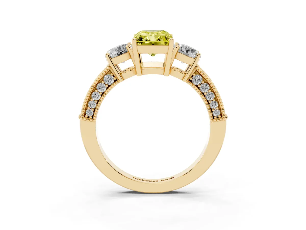 Fancy Yellow Radiant Cut Three-Stone Diamond Ring with Pavé Band and Four-Prong Setting Yellow gold