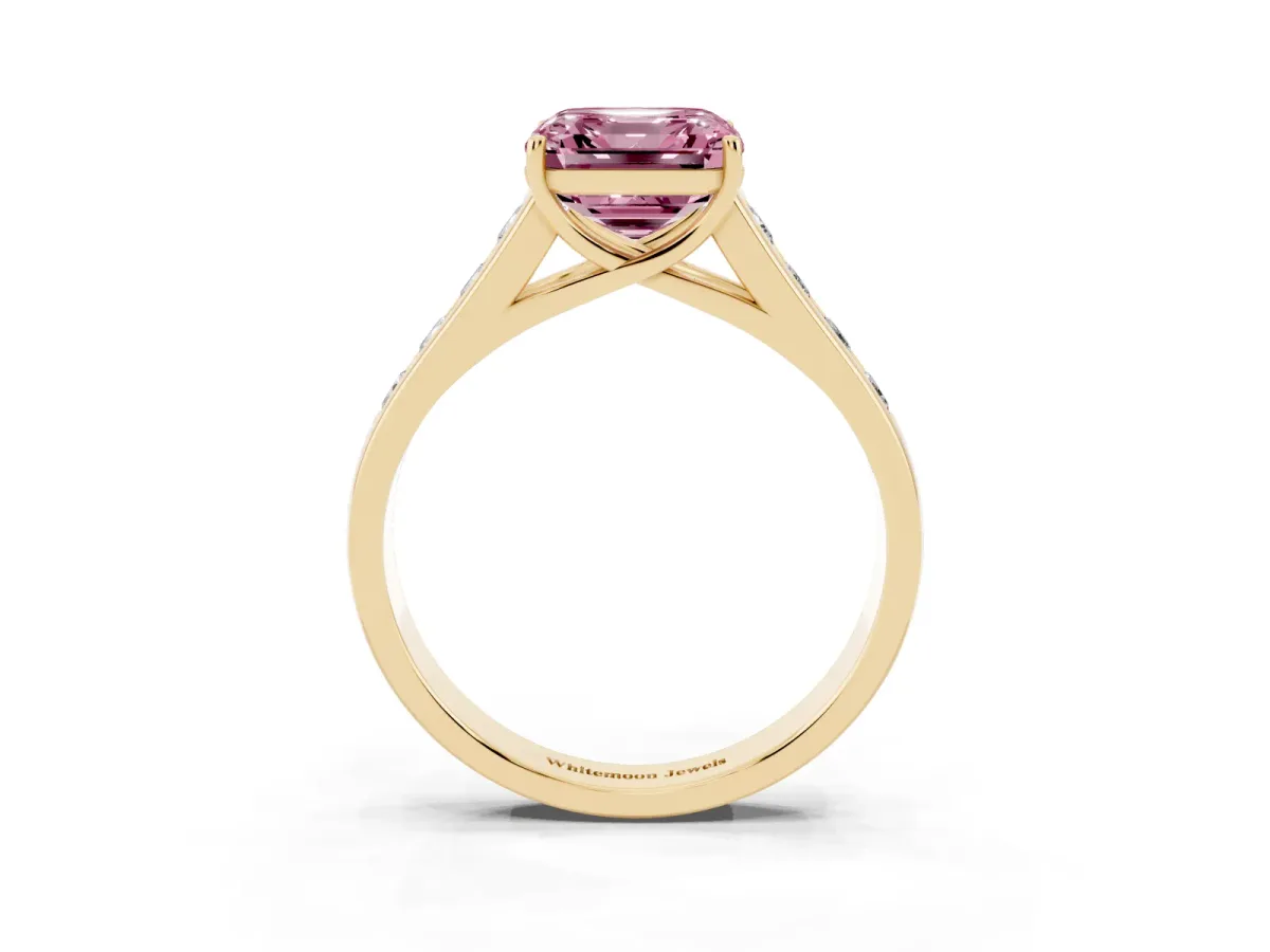 Fancy Pink Asscher Cut Solitaire Channel-Set Diamond Engagement Ring with Four-Prong Setting Yellow gold