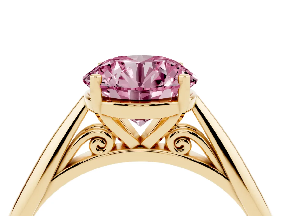 Fancy Pink Round Cut Diamond Solitaire Engagement Ring with Cathedral Setting and Four-Prong Mount Yellow gold