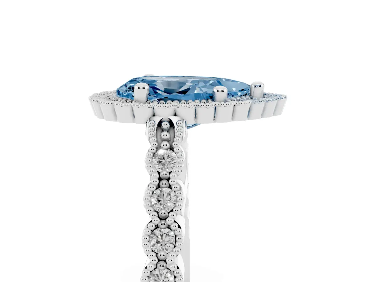 Fancy Blue Pear Cut Cut Halo Pavé Solitaire Ring with Milgrain Band Silver