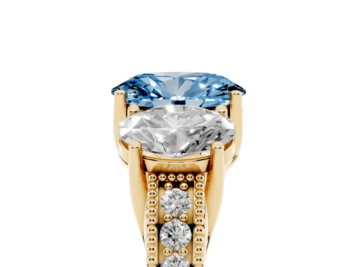 Fancy Blue Three-Stone Oval Cut Cut Milgrain Pavé Engagement Ring Yellow gold