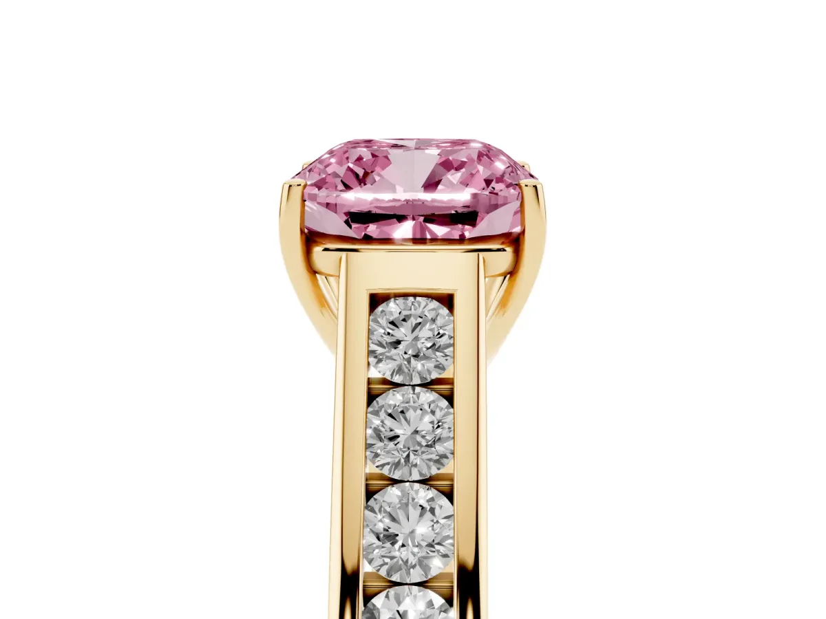Fancy Pink Cushion Cut Solitaire Channel-Set Diamond Engagement Ring with Four-Prong Setting Yellow gold
