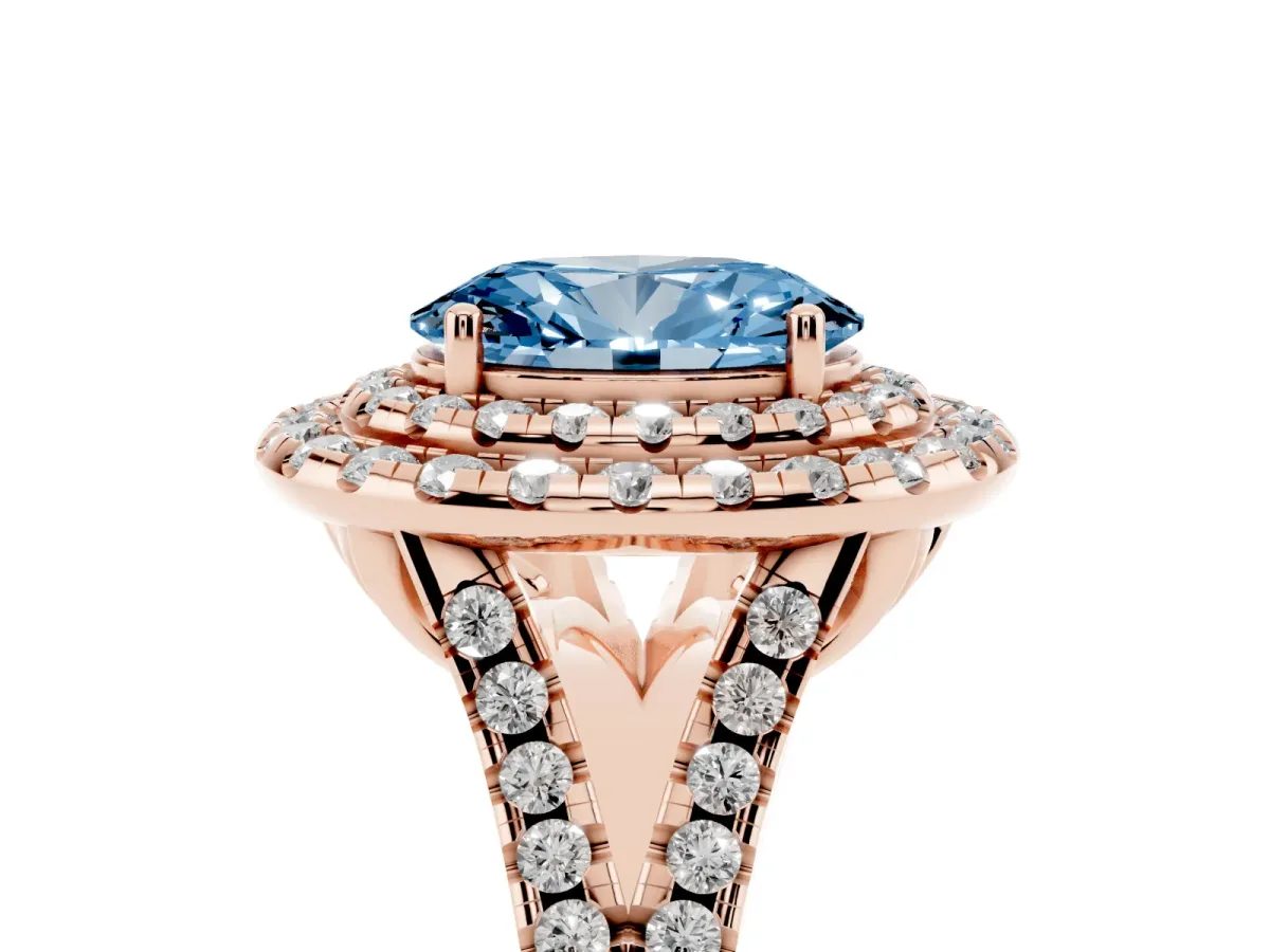 Fancy Blue Double Halo Oval Cut Diamond Pavé Split Shank Ring with Prong Setting Rose gold