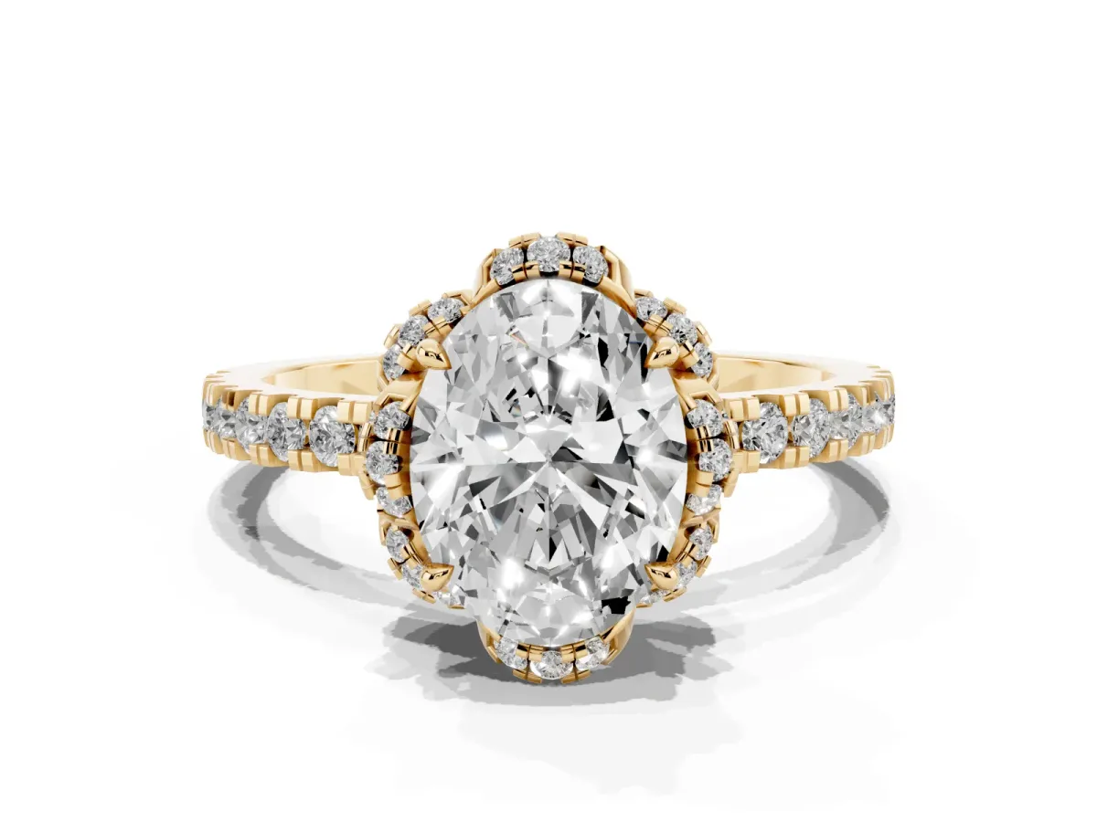Oval Cut Halo Diamond Pave Band Ring with Four-Prong Setting Yellow gold