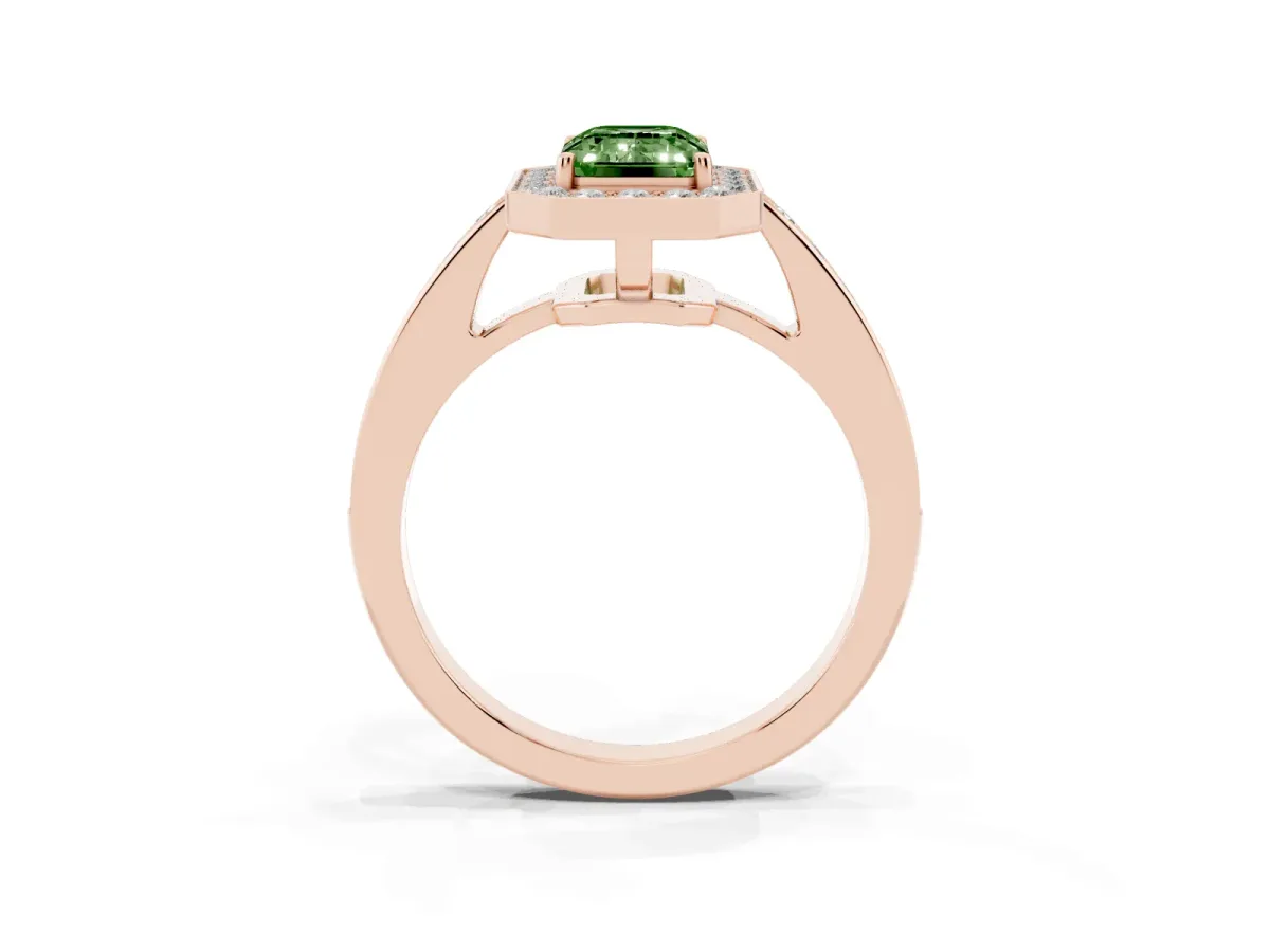 Fancy Green Emerald Cut Halo Pavé Diamond Engagement Ring with Bezel Setting Rose gold