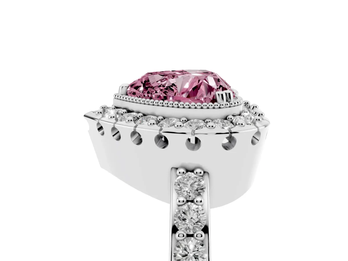 Fancy Pink Heart Cut Diamond Halo Ring with Pavé Band and Prong Setting White gold