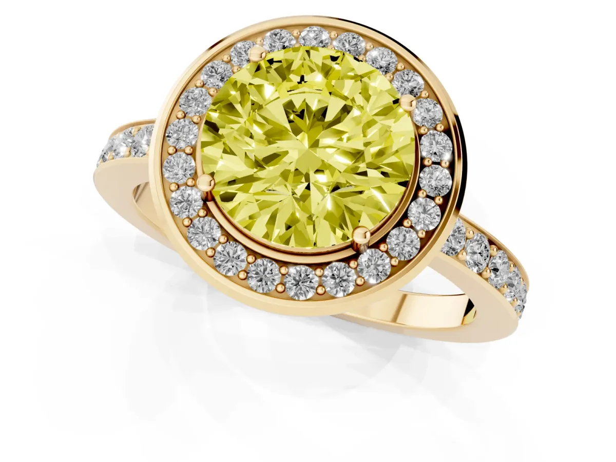 Fancy Yellow Round Cut Diamond Halo Ring with Bezel Frame and Pavé Band Yellow gold