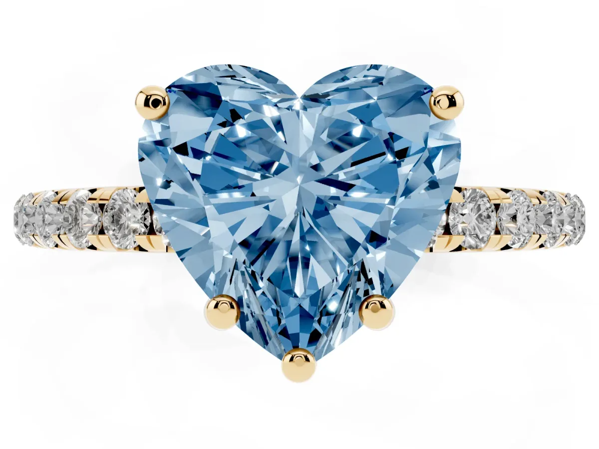 Fancy Blue Heart Cut Cut Diamond Solitaire Ring with Micro Pave Band and Four Prong Setting Yellow gold