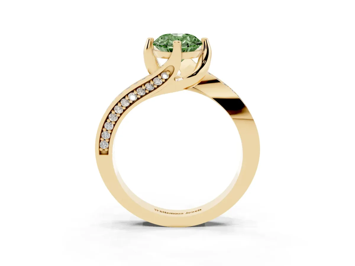 Fancy Green Oval Cut Solitaire Diamond Twist Band with Pavé Setting and Four-Prong Setting Yellow gold