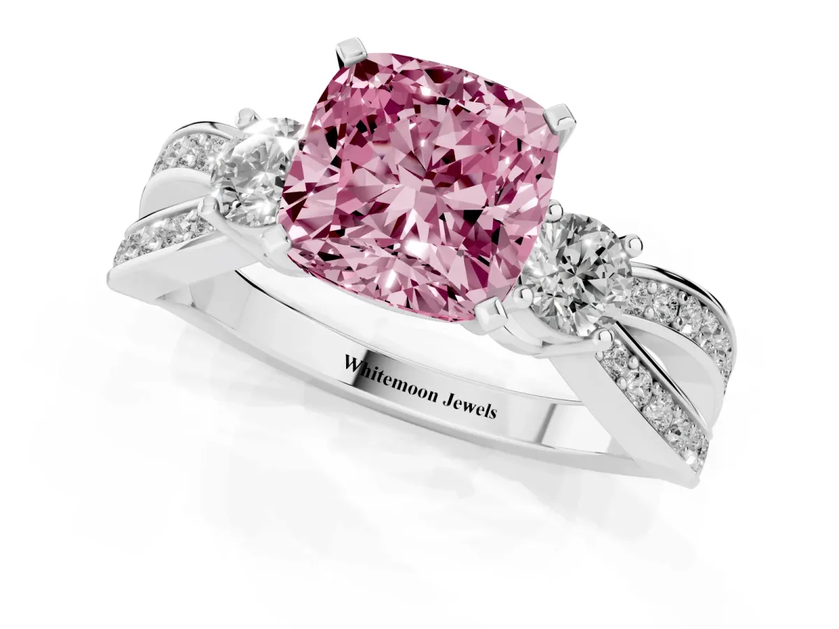 Fancy Pink Three-Stone Cushion Cut Cut Diamond Twist Band with Prong Setting Silver